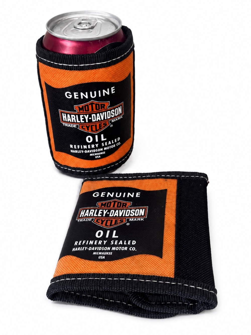 Harley-Davidson Oil Can Can Coolers Koozies insulated Neoprene Beer Sleeve x2
